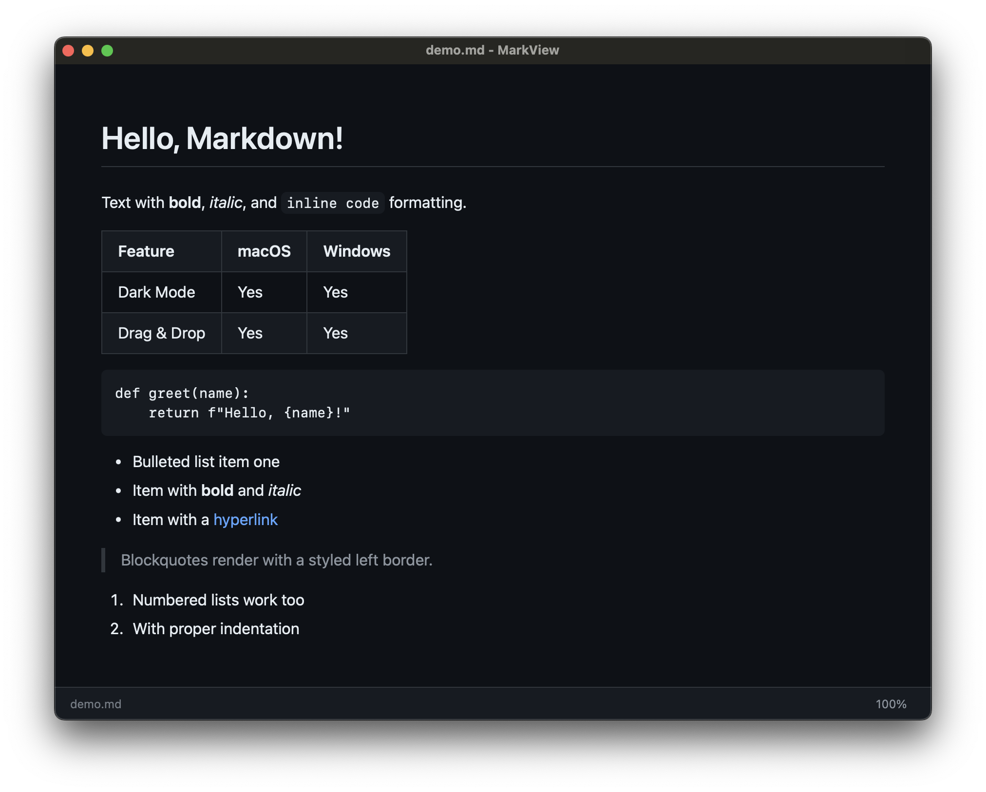 MarkView application showing rendered Markdown